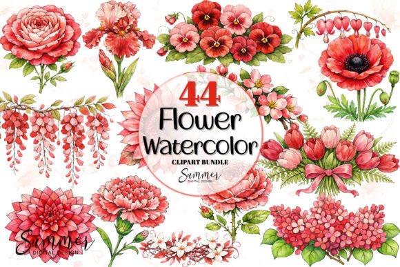 Download Watercolor Red Pink Flower Clipart Set - Pink flower clipart Collection